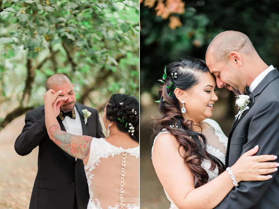 Groom crying during first look with bride.